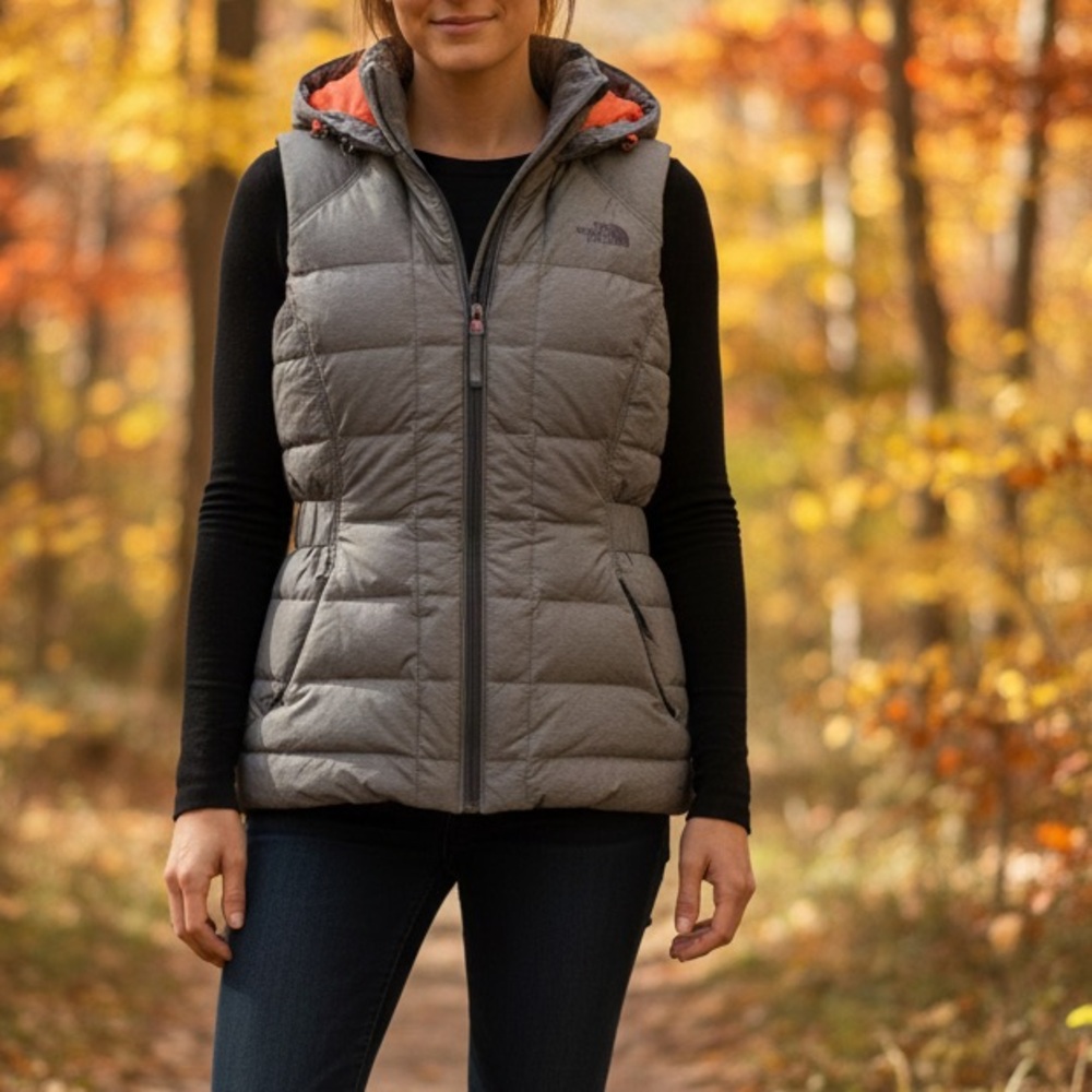 The North Face Women's Gray Quilted Hooded Vest with Orange/Hot Pink Lining